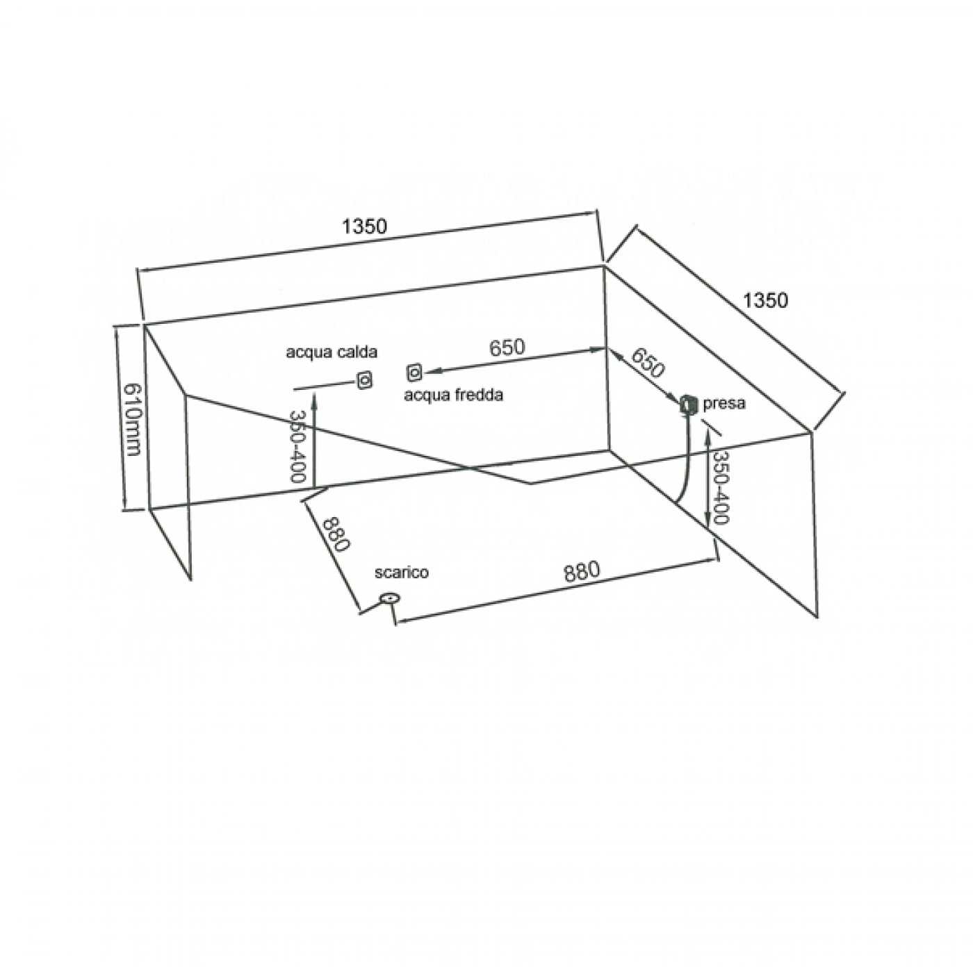VASCA BAGNO IDROMASSAGGIO ANGOLARE 135X135X62 ARIEL